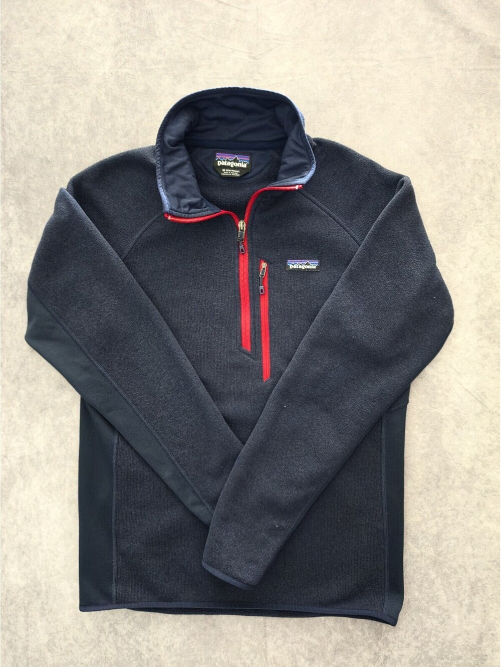 SKU0289 Patagonia Better Sweater Mens Medium Navy Blue Red 1/4 Zip Fleece Jacket